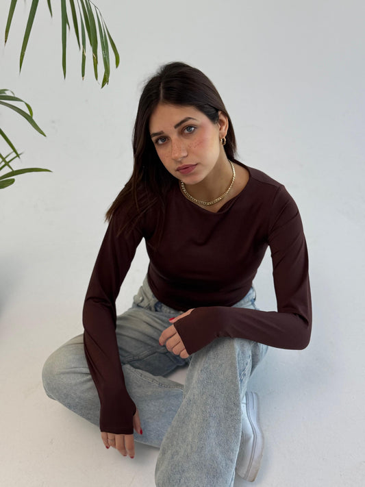 Basic Long Sleeve Top - Brown