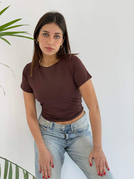 Basic Short Sleeve Top - Brown
