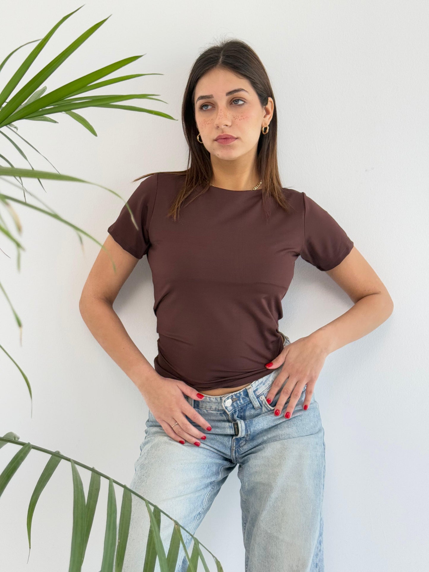 Basic Short Sleeve Top - Brown