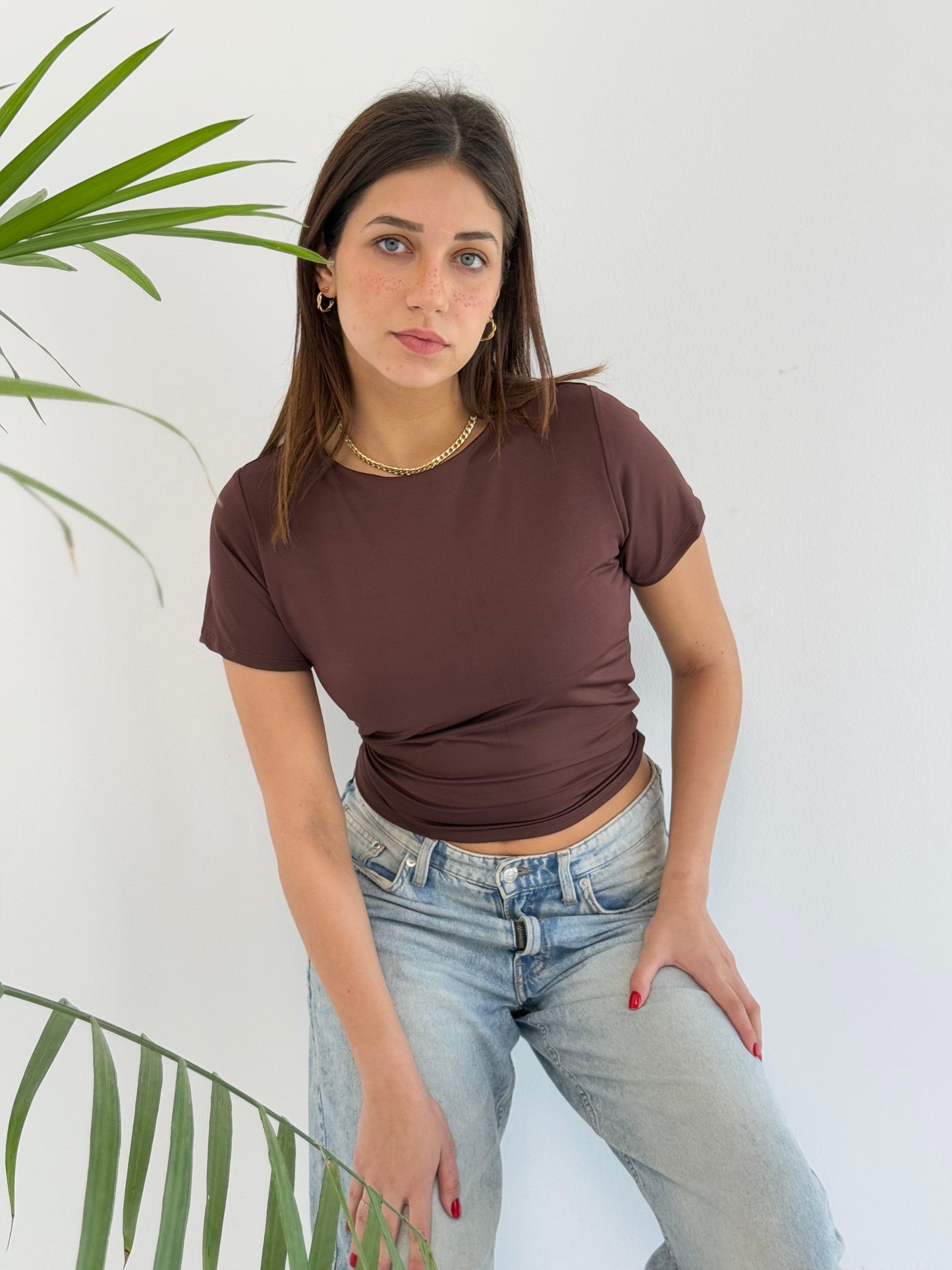 Basic Short Sleeve Top - Brown