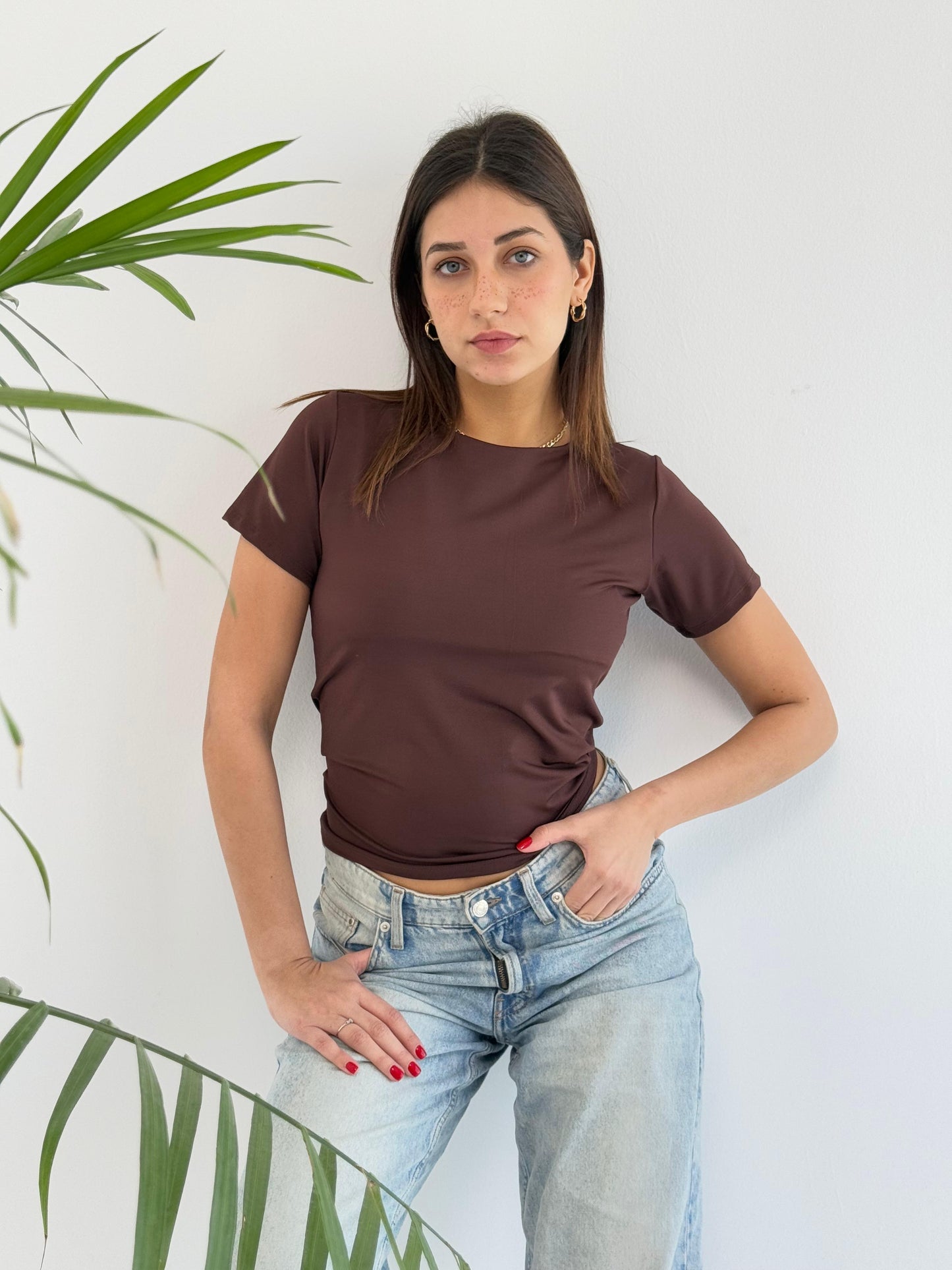 Basic Short Sleeve Top - Brown