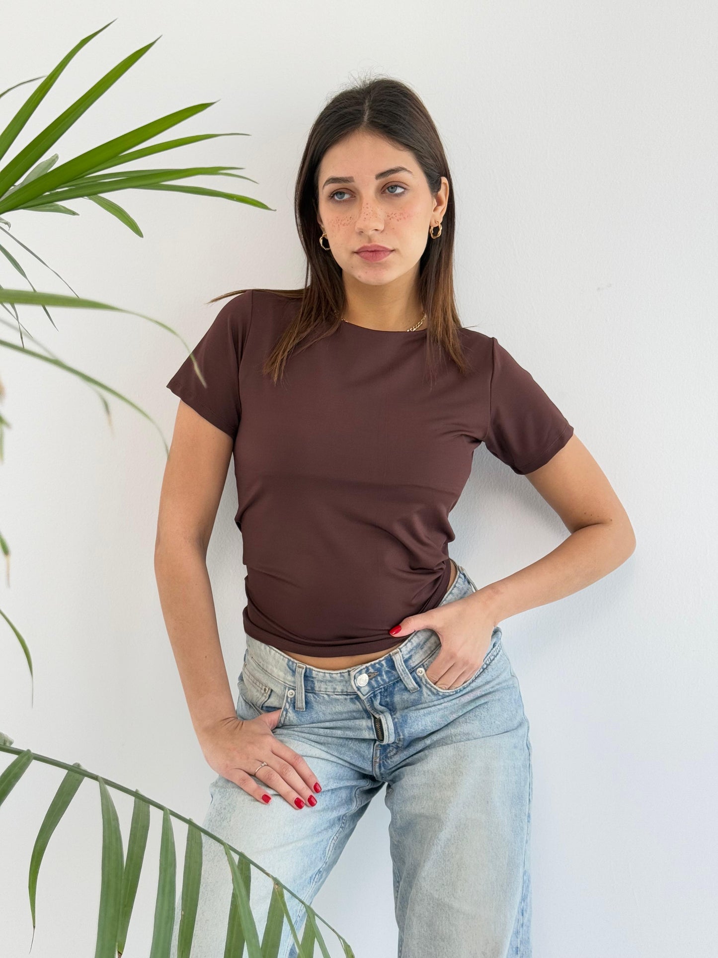 Basic Short Sleeve Top - Brown