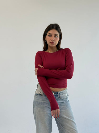 Basic Long Sleeve Top - Burgundy