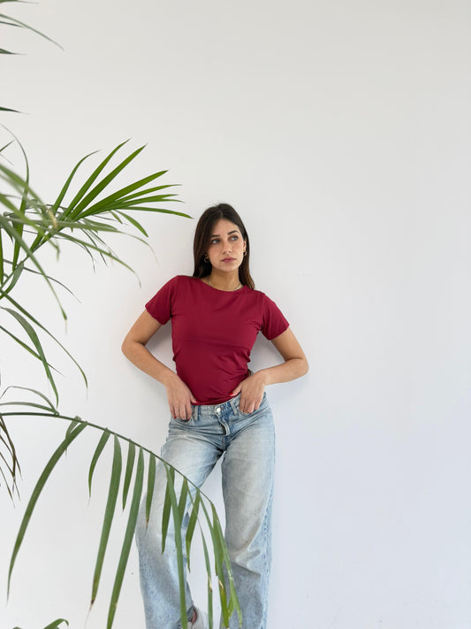Basic Short Sleeve Top - Burgundy