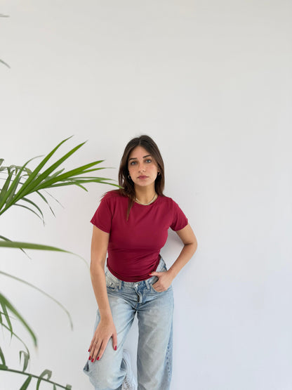 Basic Short Sleeve Top - Burgundy