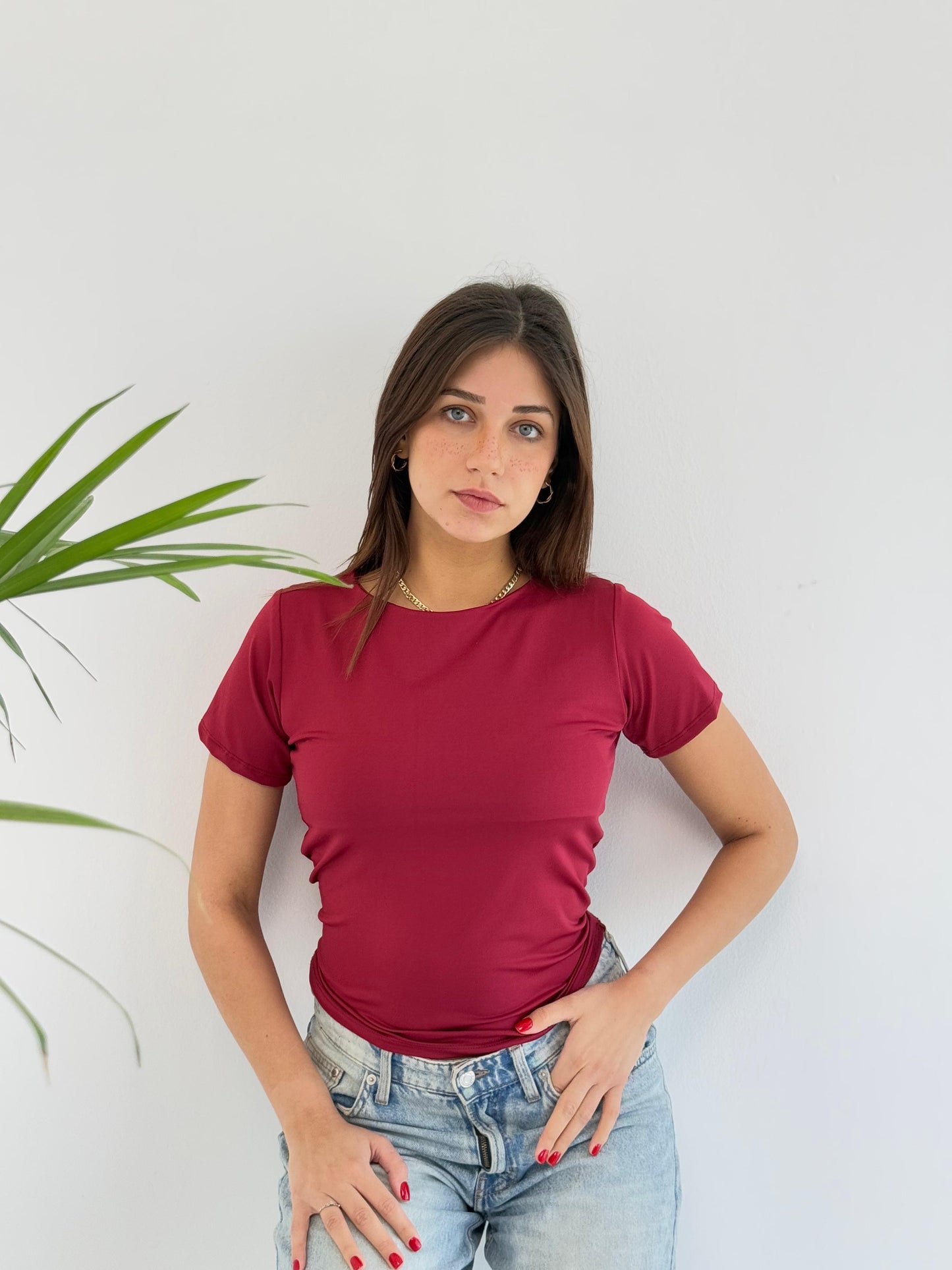 Basic Short Sleeve Top - Burgundy