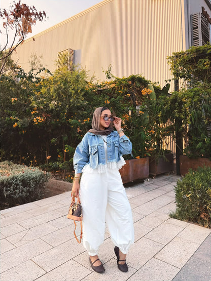 Feminine Mixed Media Denim Jacket- جاكيت جينز مكس دانتيل