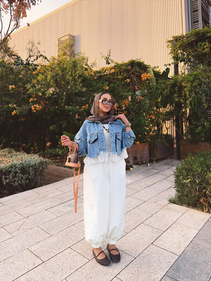 Feminine Mixed Media Denim Jacket- جاكيت جينز مكس دانتيل